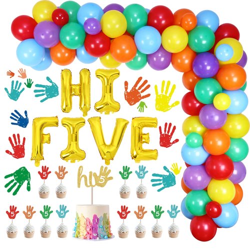 Hi Five Birthday Party Decorations Boy Girl - 5th Birthday Decorations Balloon Garland Kit with Hi Five Foil Banner, Handprint Sticker Glitter Cake Topper for Five Birthday Party