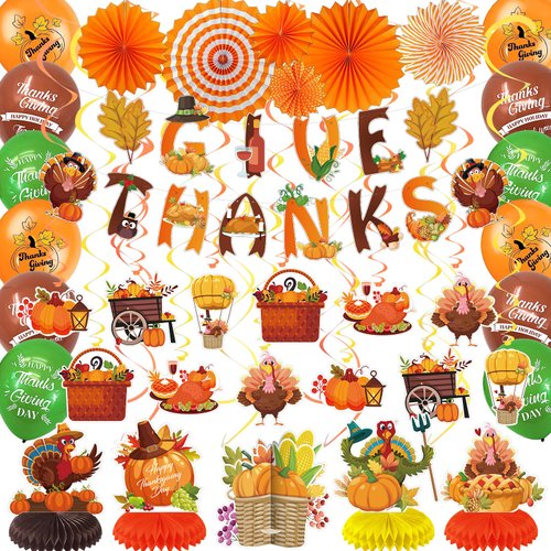 79PCS Thanksgiving Party Decorations Set Includes Pre-assembled GIVE THANKS Banner, Balloons, Paper Fans, Turkey Autumn Hanging Swirls, Honeycomb Centerpieces for Table, Thanksgiving Party Supplies