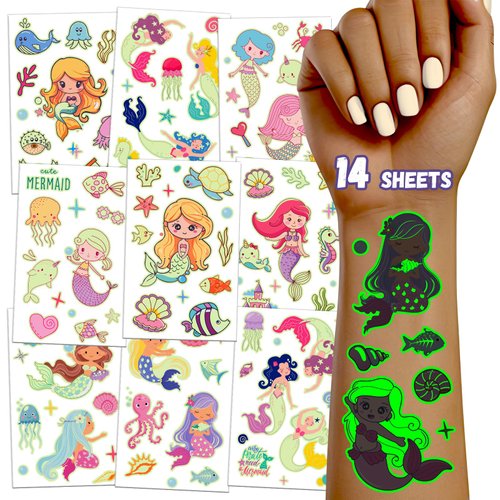 TatoYard 14 Sheets Goodie Bags Stuffers for Kids, Luminous Temporary Tattoos for Birthday Party Supplies, Glow Temp Tattoos for Boys Girls Party Favors Decorations (Mermaid)