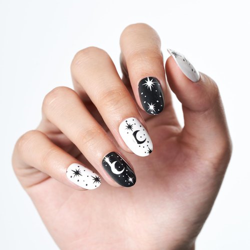 Press on Nails Medium Oval, GLAMERMAID Black and White Moon Stars Glue on Gel Nails, 24Pcs Short Acrylic False Nails Kits Reusable UV Finish Full Cover Stick on Nails for Women Gifts
