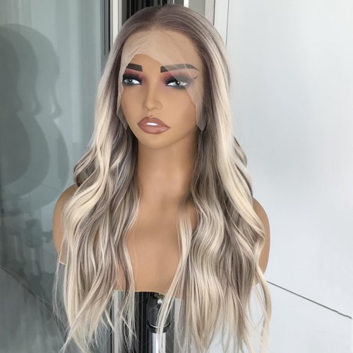 mytonecoo 13x4 Highlight Lace Front Wigs Synthetic Hair Pre Plucked Glueless Wigs Blonde Mix Brown Colored Body Wave Synthetic Lace Front Wig 22Inch for Women Daily Use