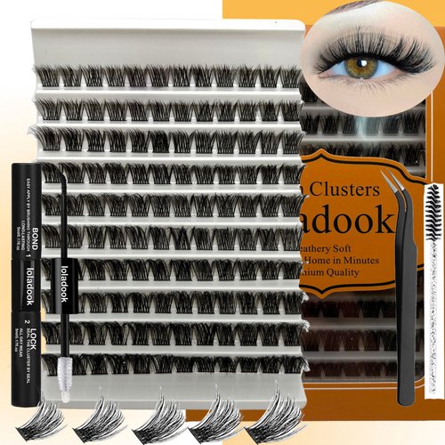loladook DIY Lash Extension Kit Natural C/D Curl Individual Lashes Cluster Cat Eye Thin Band Volume Mink Lash Clusters with Lash Bond and Seal and Applicator at Home(10-18mm,kit)