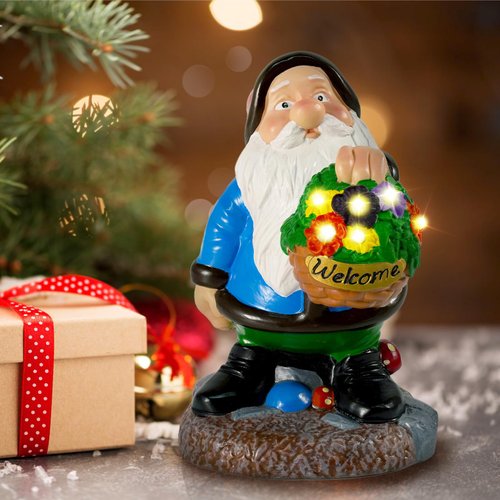 X Hot Popcorn Garden Gnomes Statue Indoor Outdoor Decor Solar Gnome Figurine with LED Lighted Flowers Resin Blue Gnomes Sculpture Birthday Gifts for Women Gnomes Decorations for Yard Garden Lawn