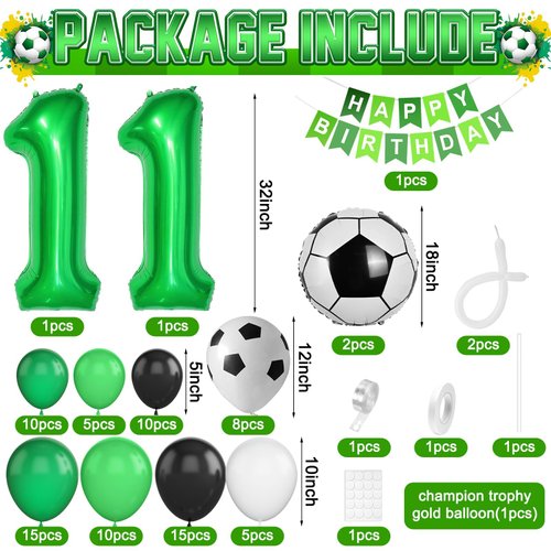 11th Birthday Soccer Balloons Arch,11th Soccer Garland Kit with Green Number 11 Balloon Football Balloons Soccer Mylar Foil Balloons for Boys Kids 11th Birthday Soccer Theme Party Decorations