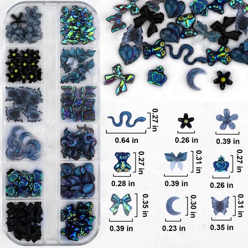 Kikonoke 2 Boxes 3D Flower Nail Charms Butterfly Bow Snake Rabbit Bear Shaped Nail Art Rhinestones Gems for DIY Nail Art Decoration Making Craft (Black)