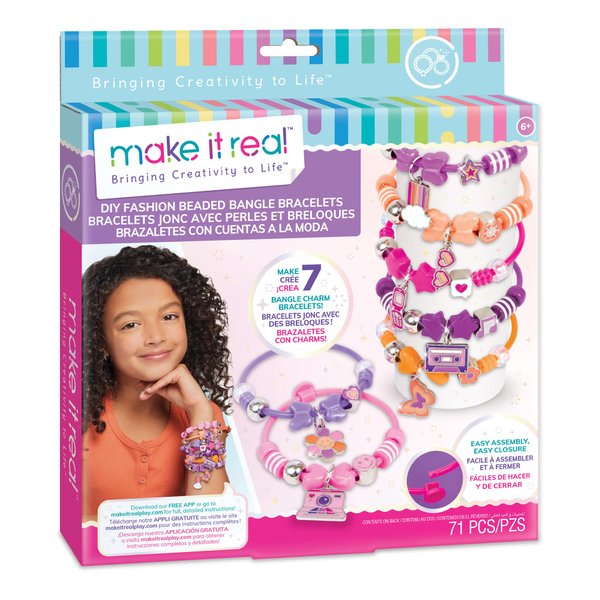 Make It Real: DIY Fashion Beaded Bangle Bracelets - Create 7 Bracelets, 71pcs All-in-1 Jewelry Kit, Purple-Pink-Orange, Crafts, Girls & Kids Ages 8+