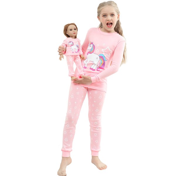 Babyroom Girls Matching Doll&toddler 4 Piece Cotton Pajamas Toddler Unicorn Sleepwear size 12 Pink