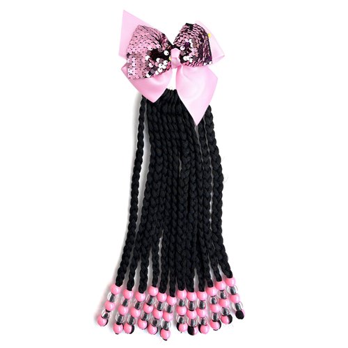 Kids Hair Accessories For Girls Kids Braided Ponytail Extension With Beads Braids Hair Extensions For Kids Pony Beads Synthetic Crochet Braids Hair (9 Inch(12 Stands), Pink&Transparent)
