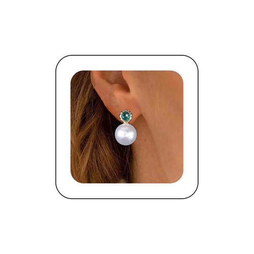 Sttiafay Vintage Emerald Pearl Earrings Gold Pearl Drop Earrings Green Emerald Studs Earrings Rhinestone Pearl Emerald Earrings Jewelry for Women