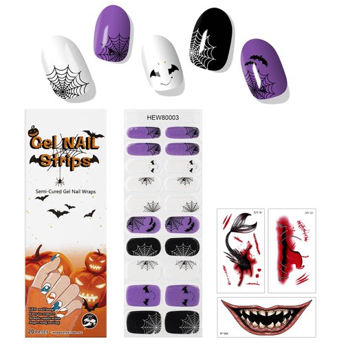 Semi-Cure Nail Gel Strips,Nail Gel Stickers for Halloween Party,23PCS Gel Nail Wraps and Halloween Decor Transfer Stickers,Halloween Design,Pumpkin,Spider webs,Ghost,Halloween Party Decor (HEW80003)