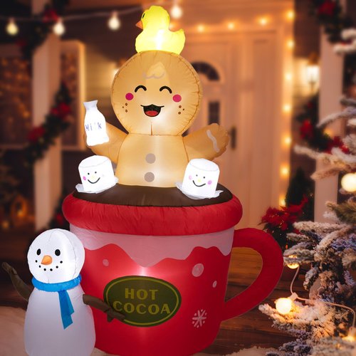 Peyton 6FT Inflatable Gingerbread Man in hot Cocoa Cup Scene with Cute Duck on top of Head, and Snowman,Built-in LEDs Blow Up Inflatables for Christmas Outdoor Yard Decorations.
