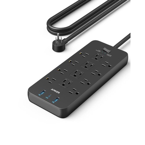 Anker Power Strip with 3 USB Ports，Surge Protector (2100J-10ft)，12 Outlets with 2 USB A Ports and 1 USB C Port,Works with iPhone 15/15 Plus/15 Pro/15 Pro Max,for Home,Office, TUV Listed