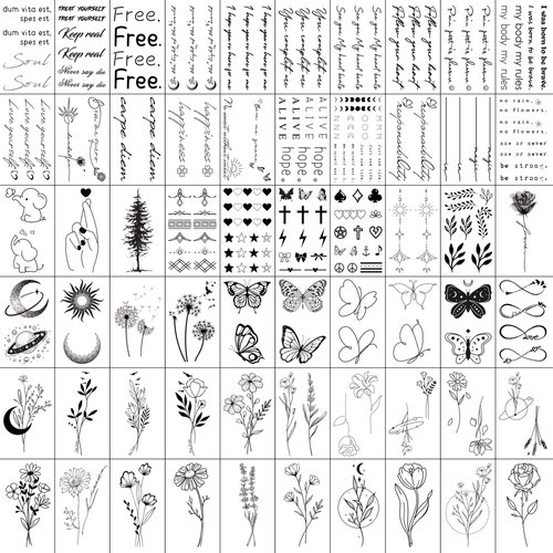 Realistic Temporary Tattoos for Women - 60 Sheets Tiny Small Removable Adult Fake Tattoos,185 Pcs Minimalist Waterproof Inspirational Quotes Words Wild Flower Floral Bouquet Adults Tattoo Stickers