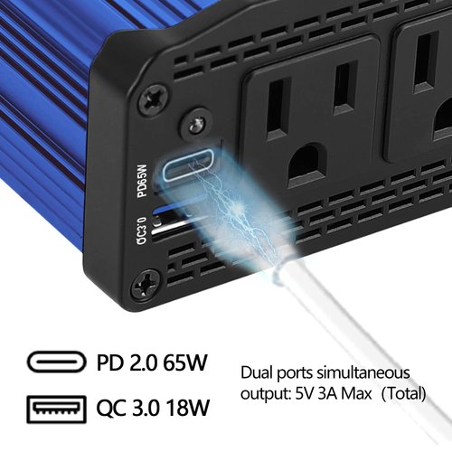 ALLWEI 300W Car Power Inverter DC 12V to 110V AC Power inverters for Vehicles Converter USB-C PD65W/18W USB Fast Charging Ports Car Charger Adapter (Blue)