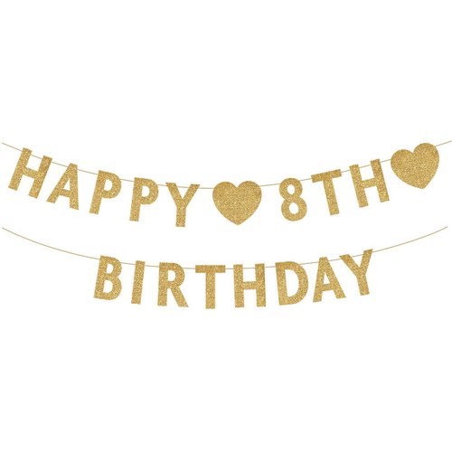 Gold Happy 8th Birthday Banner, Glitter 8 Years Old Boy or Girl Party Decorations, Supplies