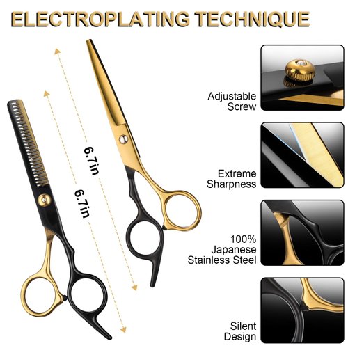 2 Pcs Sharp Hair Cutting Scissors, Stainless-Steel 6.7‘’ Barber Scissors Professional, Multifunctional Thinning Shears for Hair Cutting, Wigs Texturizing Tools for Women Men Home Salon(Gold)