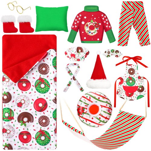 Suhine 13 Pcs Christmas Elf Doll Accessories Set Elf on Clothes Elf Donut Clothes Doughnut Outfit Scarf Sleeping Bag Sweater Bathrobe Hammock Apron Hat Doll Costume Dress up for Xmas Elf Doll