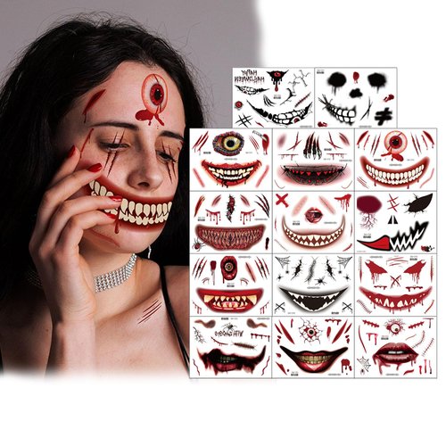 Halloween Face Big Mouth Fake Tattoos for Adults, Scary Prank Makeup Joker Temporary Tattoo Kit Women, Halloween Horror Clown Fake Face Stickers Kids (Joker Tattoos)