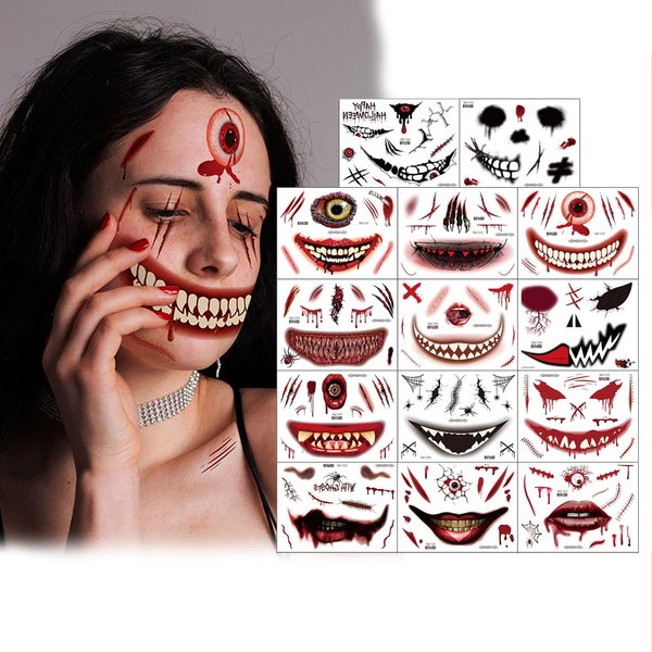 Halloween Face Big Mouth Fake Tattoos for Adults, Scary Prank Makeup Joker Temporary Tattoo Kit Women, Halloween Horror Clown Fake Face Stickers Kids (Joker Tattoos)