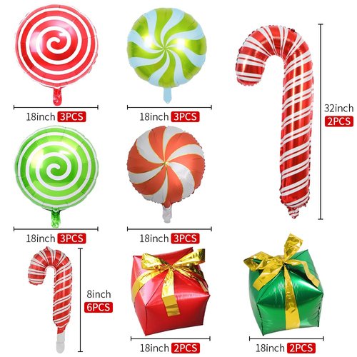 GELOUBO 24Pcs Christmas Party Decorations, Candy Cane Gift Box Mylar Foil Balloons for Christmas Elf New Year Party Supplies