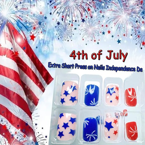 24Pcs Independence Day Press on Nails Short Star False Nails 4th of July Glue on Nails Five-pointed Star Designs Red White Blue Glossy Reusable Natural Fit Full Cover Stick on Nails for Women Manicure