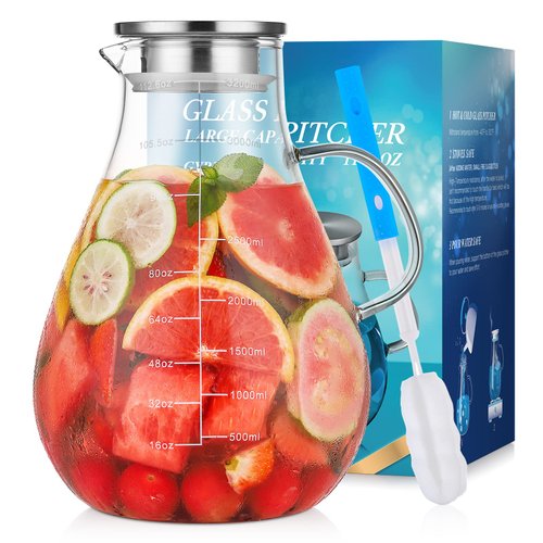 Glass Pitcher with Lid, 112.6OZ Upgrade Glass Water Pitcher with Precise Scale Line, 18/8 Stainless Steel Iced Tea Pitcher, HOUSALE Easy to Clean Heat Resistant Borosilicate Glass for Milk, Cold & Hot