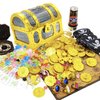 182 Pieces Kids Golden Frame Pirate Treasure Chest Toy Set with Lock Pirate Map Coins Gems Earrings Rings Eye Patch Compass Telescope Play Paper Money, Pirate Role Play Treasure Hunting Game for Kids