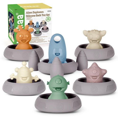 Haakaa Alien Explorers Baby Bath Toys, Food Grade Silicone Toddler Squirt Water Toys for Bathtubs/Swimming Pools/Beaches, Detachable Mold Free Floating Tub Toys for Kids Ages 1-3 (Whole Set)