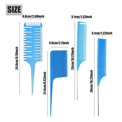 Hair Styling Comb,Highlighting Professional Styling Comb Metal Rat Tail Teasing Comb Dyeing Comb Foiling Comb for Home Hairstylist Barber Styling Weaving (4 Pcs Blue)