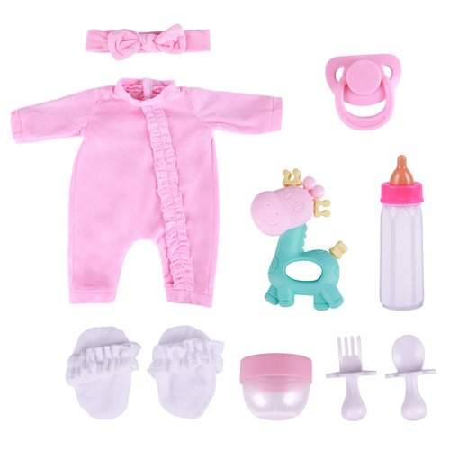 BABESIDE 9 Pcs Reborn Baby Doll Accessories Set, 17-22 Inch Pink Baby Doll Clothes with Doll Shoes Doll Headband and Doll Accessories Baby Doll Feeding Set for Realistic Baby Dolls Girls