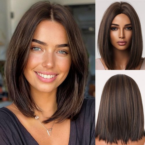 Allbell Bob Wigs for Women,Brown Mid Length Wig with Highlights,Short Straight Bob Wig, Brown Middle Part Synthetic Wig(14IN)