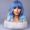 WTHCOS Blue Ombre Short Bob Wig Blue to Light Blue Wig Short Curly Wavy Wig With Bangs for Women Ombre Blue Wig Heat Resistant Synthetic Hair Wigs for Daily Use Cosplay Wig With Wig Cap