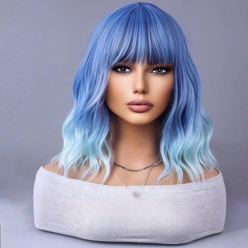WTHCOS Blue Ombre Short Bob Wig Blue to Light Blue Wig Short Curly Wavy Wig With Bangs for Women Ombre Blue Wig Heat Resistant Synthetic Hair Wigs for Daily Use Cosplay Wig With Wig Cap