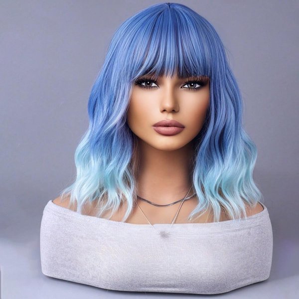 WTHCOS Blue Ombre Short Bob Wig Blue to Light Blue Wig Short Curly Wavy Wig With Bangs for Women Ombre Blue Wig Heat Resistant Synthetic Hair Wigs for Daily Use Cosplay Wig With Wig Cap