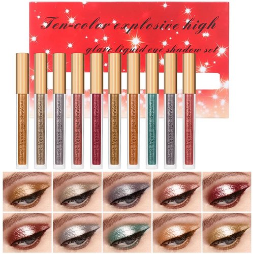 VERONNI Liquid Glitter Eyeshadow Set,10 pcs Glitter Eyeshadow Makeup Kit, Metallic Shimmer Liquid Eye Shadow, Long Lasting Waterproof Quick-Drying Colorful Glitter Eye Shadow for Women Girls
