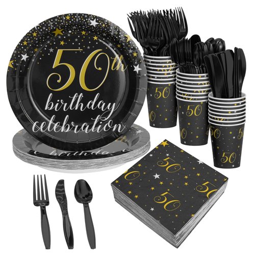 BLUE PANDA 144 Pieces 50th Birthday Party Supplies with Paper Plates, Napkins, Cups, Cutlery (Black, Gold, Serves 24)