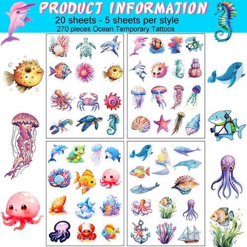 Ocean Animals Temporary Tattoos for Kids, Sea Life Tattoos for Kids Party Favors, Jellyfish Dolphin Shark Octopus Fish Star Crab Tattoo Stickers for Baby Shower Girls Boys Gifts