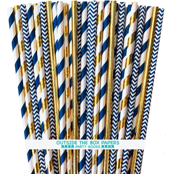 Navy Blue and Gold Foil Paper Straws - Stripe Chevron Solid - 100 Pack