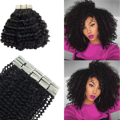 OiMiGO Curly Extensions, Kinky Curly Tape in Hair Extensions Brazilian 3C 4A Natural Black Human Hair Tape Hair Extensions for Black Women 20 Pieces 16 Inch 50g Remy Human Hair Tape Extensions