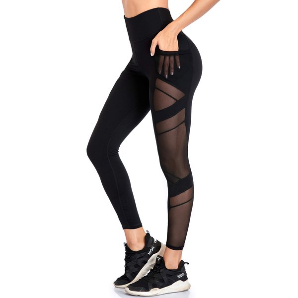 WE CUFFLLE Women's Mesh High Waist Leggings Yoga Pants with Pockets Tummy Control 4 Way Stretch Workout Yoga Leggings Black