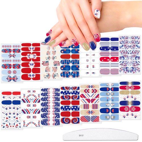 JERCLITY 14 Sheets Independence Day Nail Polish Strips 4th of July Nail Wraps for Women Patriotic American Flag Nail Strips Self-Adhesive Nail Stickers with Nail File for Memorial Day（4th of July-1）