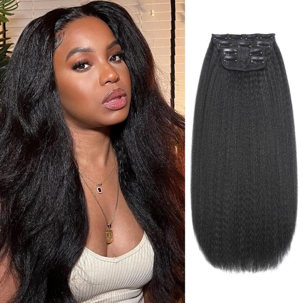 Kinky Straight Clip Ins Hair Extensions Natural Black for Black Women Full Head Yaki Kinky Straight Synthetic Hair 4Pcs 11 Clips 150g/Set (20 inch)