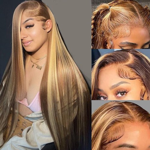 28 Inch Honey Blonde Wig Human Hair 13x4 Straight Lace Front Wigs Human Hair Ombre Highlight Honey Blonde HD Lace Front Wig Human Hair Full Frontal Glueless Wigs Human Hair Pre Plucked P427 Colored