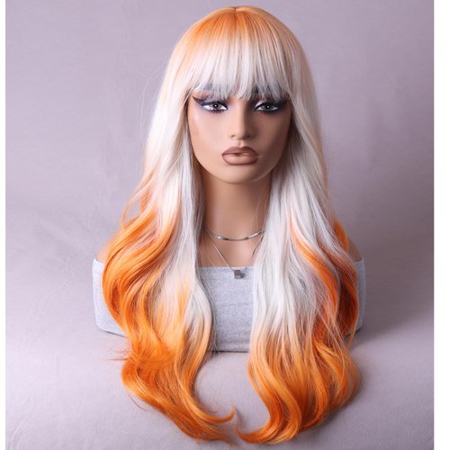 RightOn Orange Ombre Wig Long Wavy Wig Ombre Orange Wig with Bangs Two Tone Wig Orange Wigs with ...