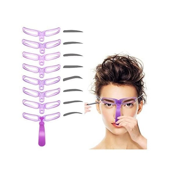 8Pcs Purple Washable Eyebrow Stencils with 8 Styles Reusable Eyebrow Stencil, Eyebrow Template, Eyebrow Shaping Kit with Handle and Strap for Women's Beauty and Personal Care