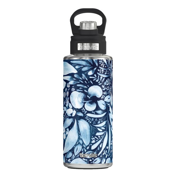 Tervis CreativeIngrid Navy Full Flower Triple Walled Insulated Tumbler Travel Cup Keeps Drinks Cold, 32oz Wide Mouth Bottle, Stainless Steel