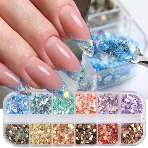 12 Colors Holographic Nail Art Glitter Sequins Thick Hexagon Nail Glitter Flakes Chameleon Chunky Glitter for Nail Art Sequins Mixed Colorful Confetti Nail Decoration for Face Hand Body Make-up DIY