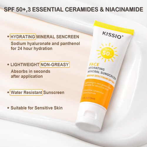 KISSIO Sunscreen For Face,with Zinc Oxide and Titanium Dioxide,Broad Spectrum Sunscreen,SPF 50,Hydrating Mineral Sunscreen,Non-greasy,Suitable For Sensitive Skin,2.5 FL OZ