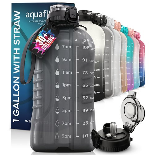 AQUAFIT 128 oz Water Bottle with Time Marker - 2in1 Straw & Chug Lid - BPA Free Big Water Bottle with Straw - Gym Water Bottle with Handle - Water Jug (128 oz, Gray)