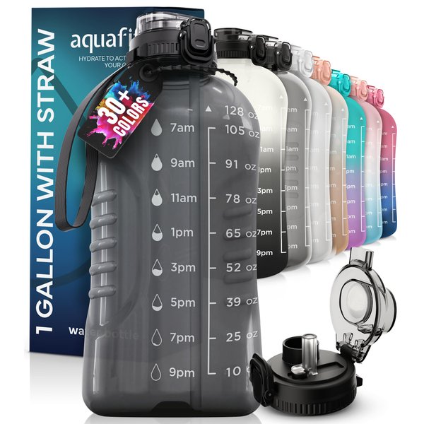 AQUAFIT 128 oz Water Bottle with Time Marker - 2in1 Straw & Chug Lid - BPA Free Big Water Bottle with Straw - Gym Water Bottle with Handle - Water Jug (128 oz, Gray)